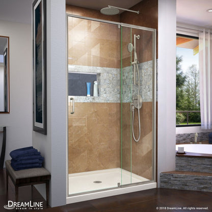 Flex Semi-Frameless Pivot Shower Door Kit with Biscuit Shower Base Pan and Center Drain