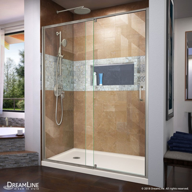 Flex Semi-Frameless Pivot Shower Door Kit with Biscuit Shower Base Pan and Left Drain