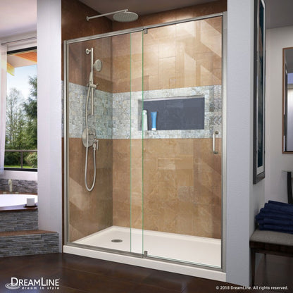 Flex Semi-Frameless Pivot Shower Door Kit with Biscuit Shower Base Pan and Left Drain
