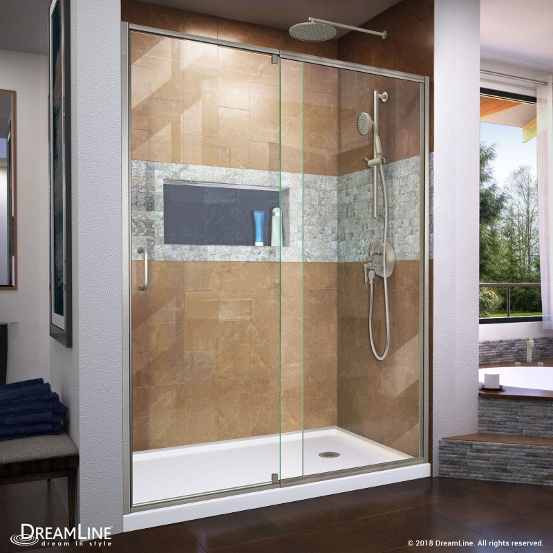 Flex Semi-Frameless Pivot Shower Door Kit with White Shower Base Pan and Right Drain