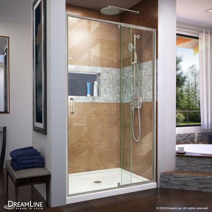 Flex Semi-Frameless Pivot Shower Door Kit with White Shower Base Pan and Center Drain