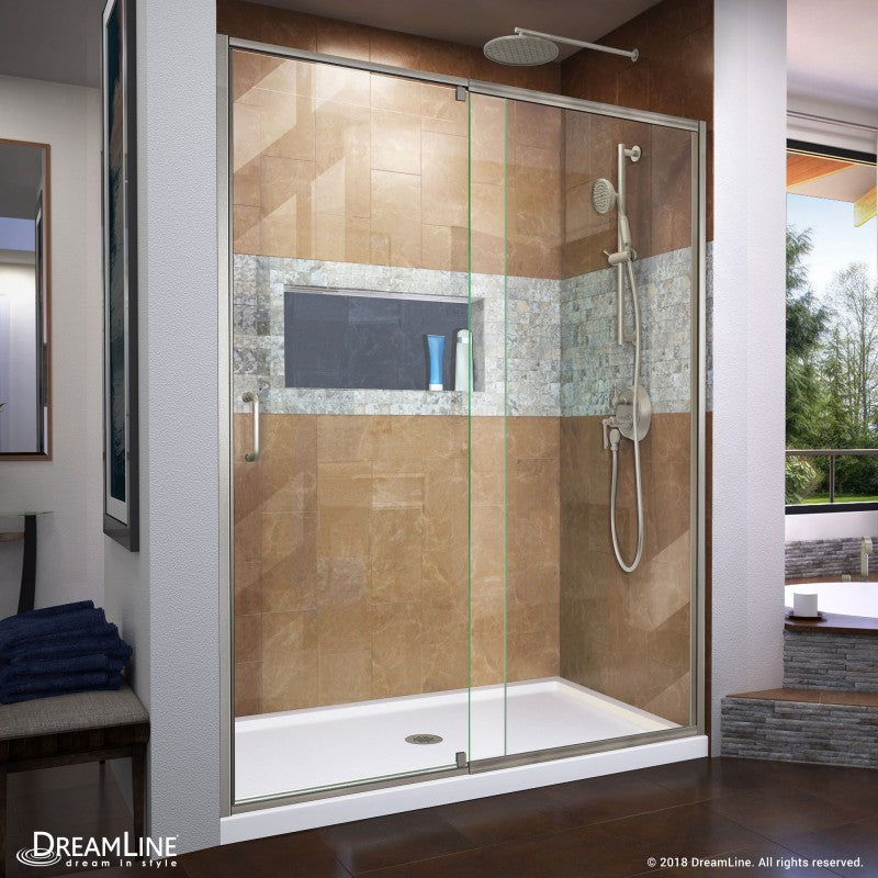 Flex Semi-Frameless Pivot Shower Door Kit with White Shower Base Pan and Center Drain