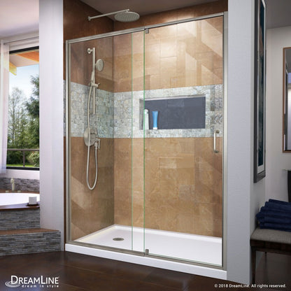 Flex Semi-Frameless Pivot Shower Door Kit with White Shower Base Pan and Left Drain