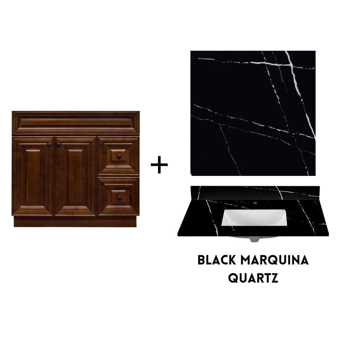 RTA Maple Walnut Raised Panel 36" Freestanding Bathroom Vanity Combo Base with Optional Quartz or Ceramic Countertop