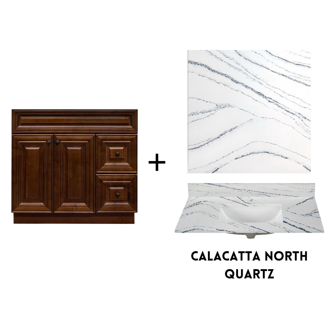 RTA Maple Walnut Raised Panel 36" Freestanding Bathroom Vanity Combo Base with Optional Quartz or Ceramic Countertop