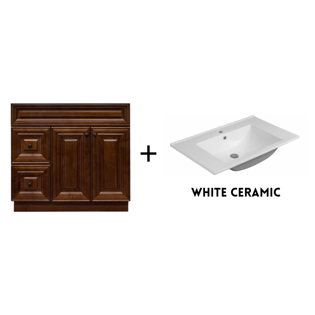 RTA Maple Walnut Raised Panel 36" Freestanding Bathroom Vanity Combo Base with Optional Quartz or Ceramic Countertop
