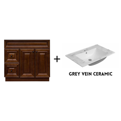 RTA Maple Walnut Raised Panel 36" Freestanding Bathroom Vanity Combo Base with Optional Quartz or Ceramic Countertop