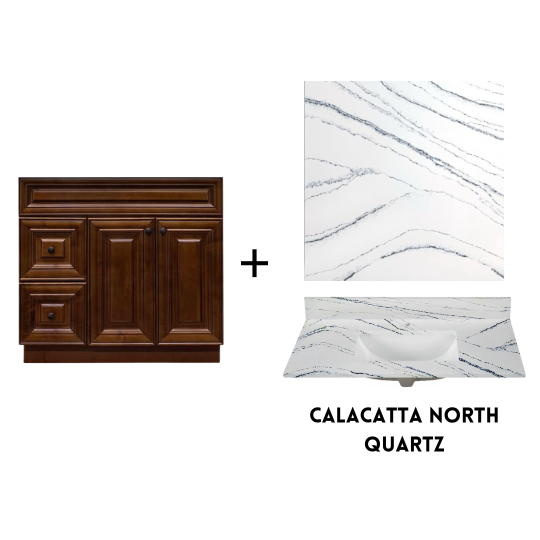 RTA Maple Walnut Raised Panel 36" Freestanding Bathroom Vanity Combo Base with Optional Quartz or Ceramic Countertop