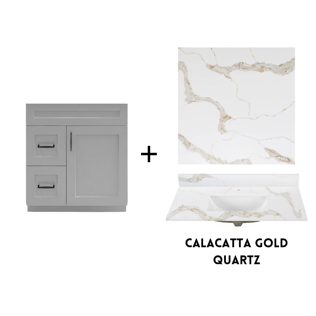RTA Light Grey Shaker 30" Freestanding Bathroom Vanity Combo Base with Optional Quartz or Ceramic Countertop