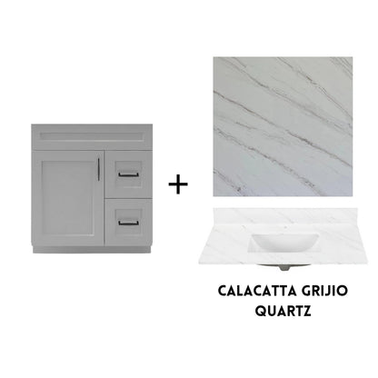 RTA Light Grey Shaker 30" Freestanding Bathroom Vanity Combo Base with Optional Quartz or Ceramic Countertop