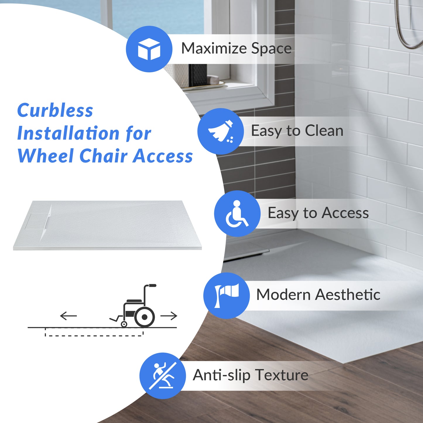 Offset Zero Threshold Solid Surface Shower Base Pan