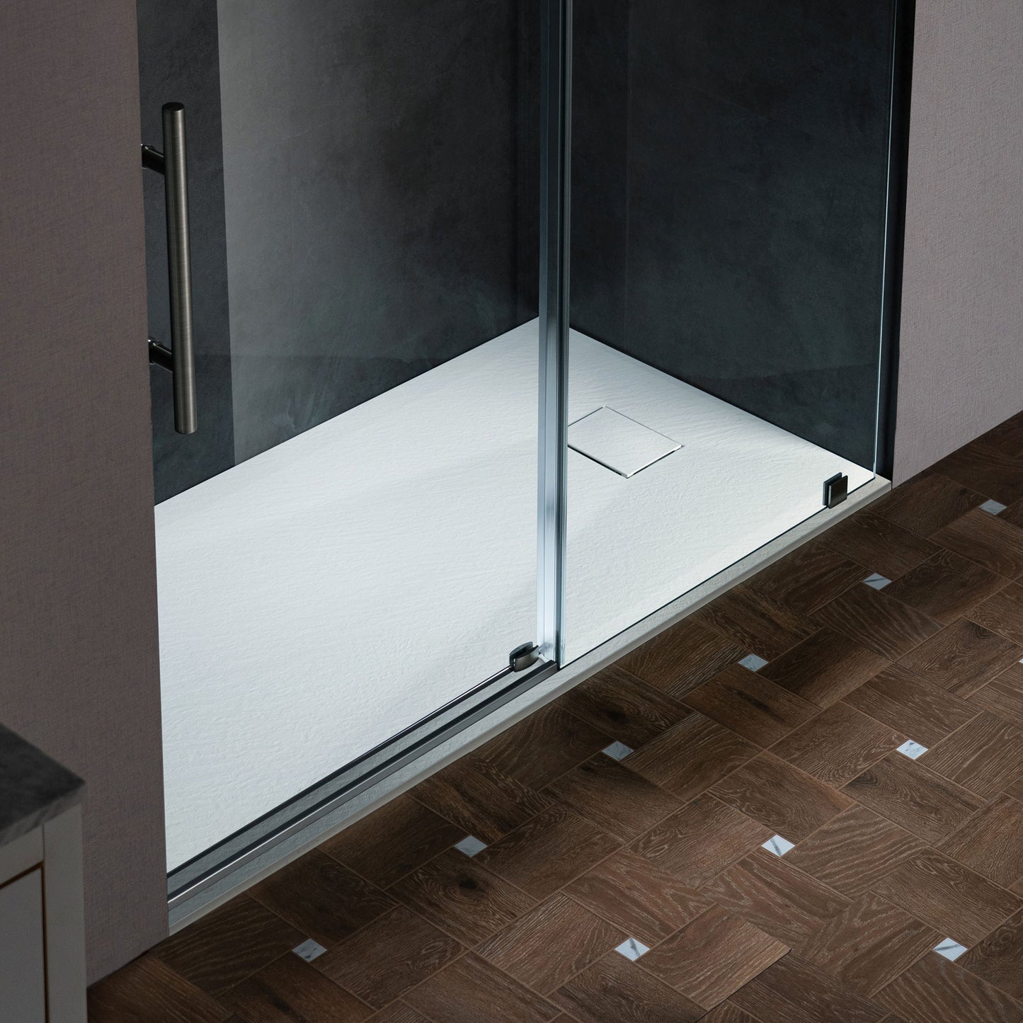 Prism Offset Zero Threshold Solid Surface Shower Base Pan