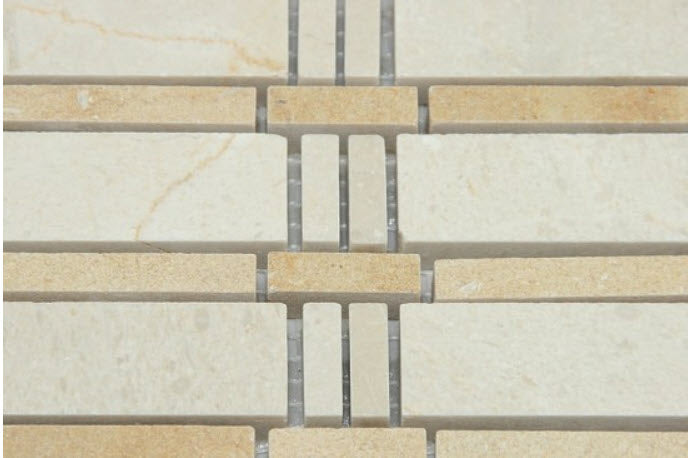 [CLEARANCE] Jerusalem Gold Limestone Curtain Mosaic with Crema Lyon, Polished, 12x12 Sheet
