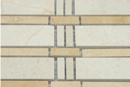[CLEARANCE] Jerusalem Gold Limestone Curtain Mosaic with Crema Lyon, Polished, 12x12 Sheet