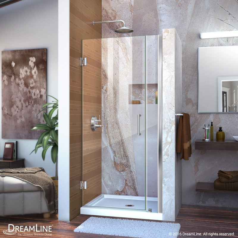 Unidoor Frameless Hinged Shower Door with 6" Stationary Panel
