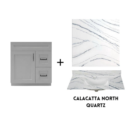 RTA Light Grey Shaker 30" Freestanding Bathroom Vanity Combo Base with Optional Quartz or Ceramic Countertop