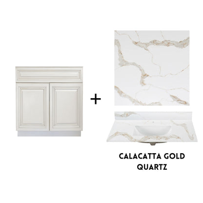 RTA Antique White Raised Panel 30" Freestanding Bathroom Vanity Sink Base with Optional Quartz or Ceramic Countertop