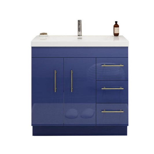 [CLEARANCE] 36" Elsa High Gloss Night Blue Vanity with 3 Right Drawers [BASE ONLY]