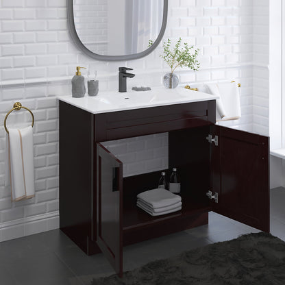 RTA Espresso Shaker 36" Freestanding Bathroom Vanity Sink Base with Optional Quartz or Ceramic Countertop