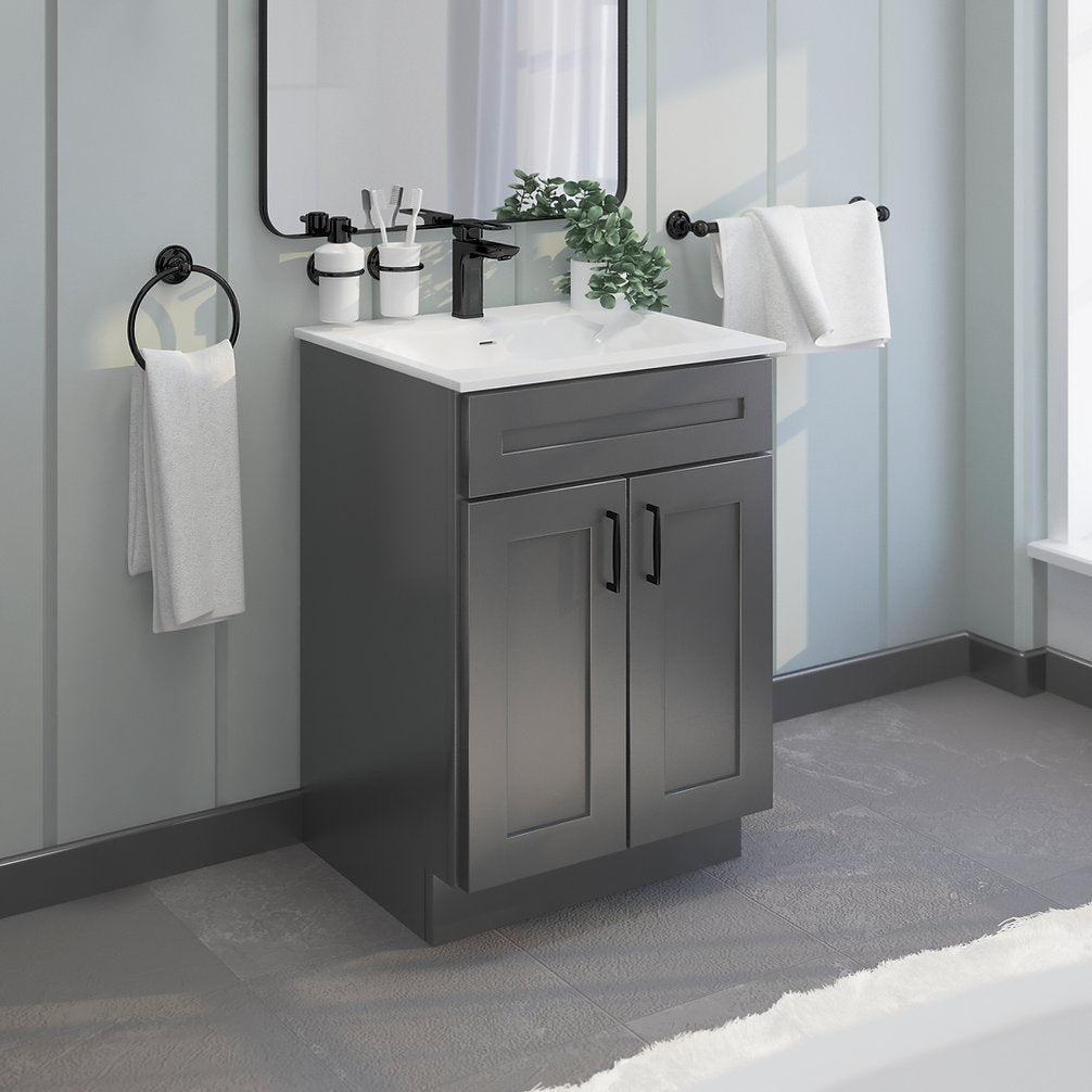 RTA Dark Grey Shaker 24" Freestanding Bathroom Vanity Sink Base with Optional Quartz or Ceramic Countertop