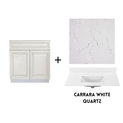 RTA Antique White Raised Panel 30" Freestanding Bathroom Vanity Sink Base with Optional Quartz or Ceramic Countertop