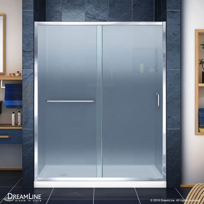 Infinity-Z Semi-Frameless Single Sliding Shower Door Kit with White Shower Base Pan and Left Drain