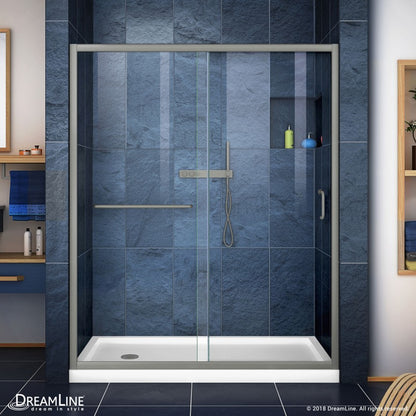 Infinity-Z Semi-Frameless Single Sliding Shower Door Kit with White Shower Base Pan and Left Drain