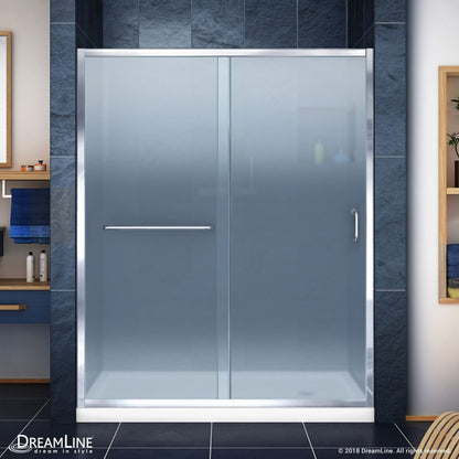 Infinity-Z Semi-Frameless Single Sliding Shower Door Kit with White Shower Base Pan and Right Drain