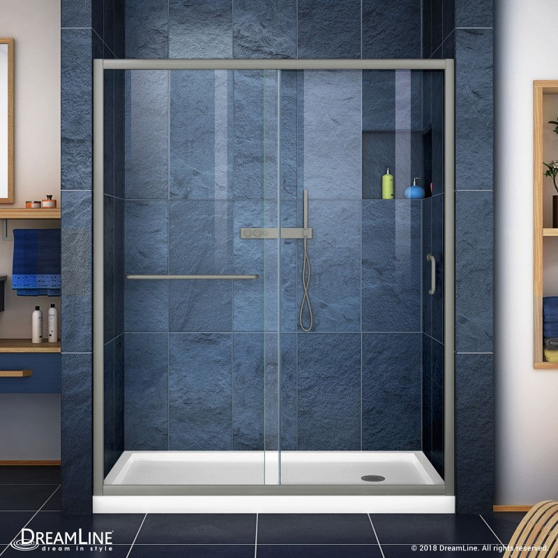 Infinity-Z Semi-Frameless Single Sliding Shower Door Kit with White Shower Base Pan and Right Drain