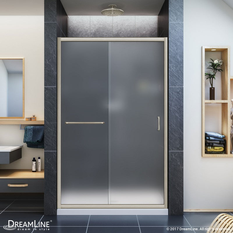 Infinity-Z Semi-Frameless Single Sliding Shower Door Kit with White Shower Base Pan and Center Drain