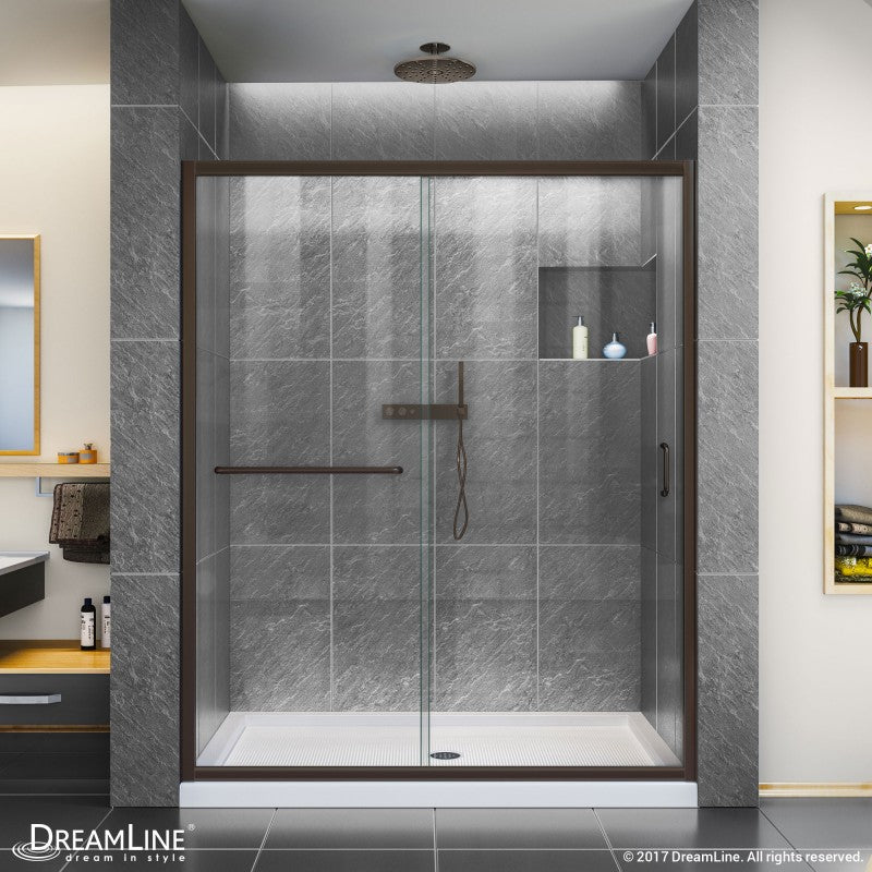 Infinity-Z Semi-Frameless Single Sliding Shower Door Kit with White Shower Base Pan and Center Drain