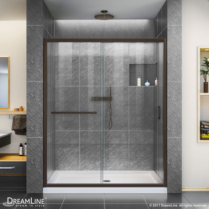 Infinity-Z Semi-Frameless Single Sliding Shower Door Kit with White Shower Base Pan and Center Drain