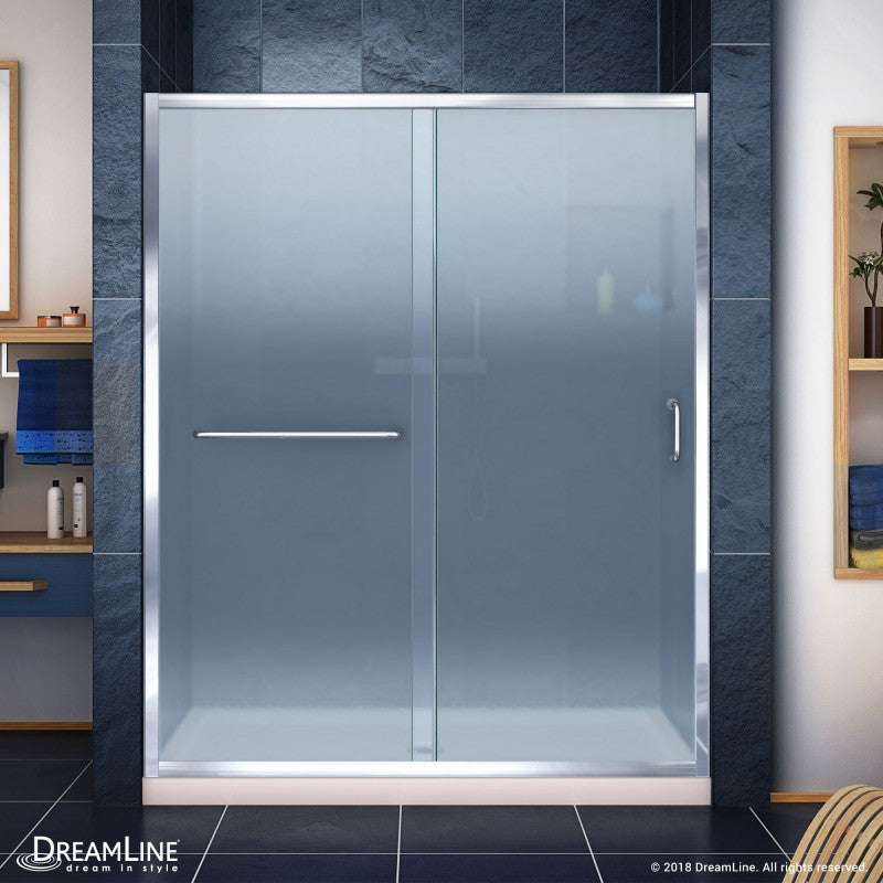 Infinity-Z Semi-Frameless Single Sliding Shower Door Kit with Biscuit Shower Base Pan and Center Drain