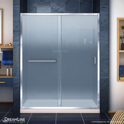 Infinity-Z Semi-Frameless Single Sliding Shower Door Kit with Biscuit Shower Base Pan and Center Drain