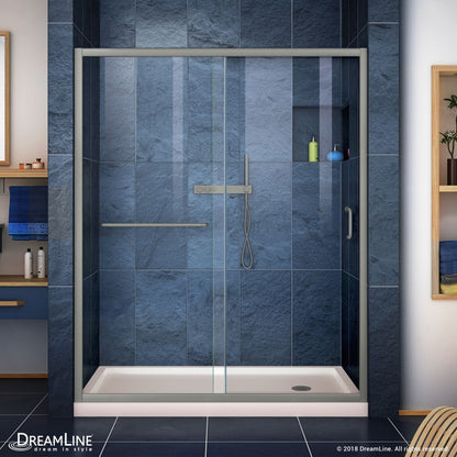 Infinity-Z Semi-Frameless Single Sliding Shower Door Kit with Biscuit Shower Base Pan and Center Drain