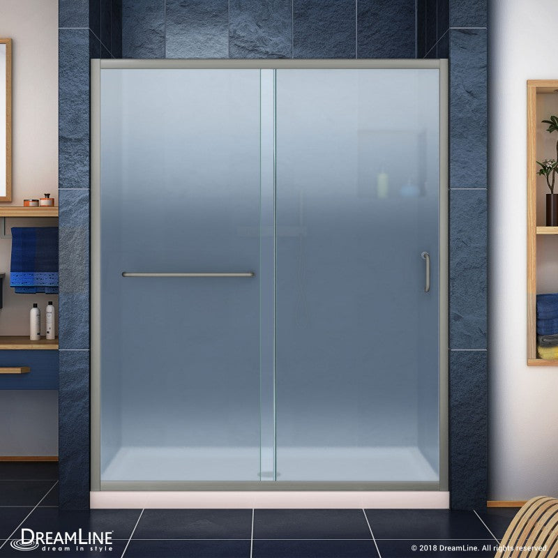 Infinity-Z Semi-Frameless Single Sliding Shower Door Kit with Biscuit Shower Base Pan and Center Drain