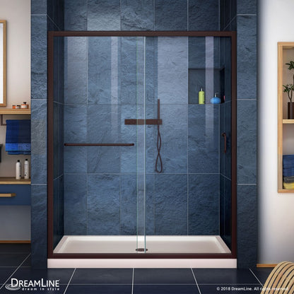 Infinity-Z Semi-Frameless Single Sliding Shower Door Kit with Biscuit Shower Base Pan and Center Drain
