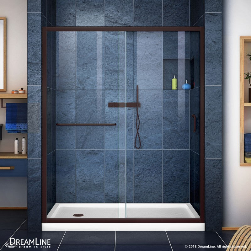 Infinity-Z Semi-Frameless Single Sliding Shower Door Kit with White Shower Base Pan and Left Drain