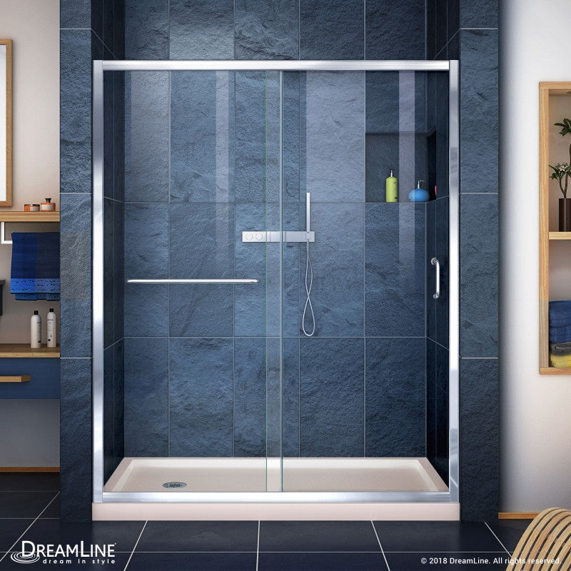 Infinity-Z Semi-Frameless Single Sliding Shower Door Kit with Biscuit Shower Base Pan and Left Drain