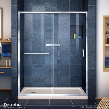 Infinity-Z Semi-Frameless Single Sliding Shower Door Kit with Biscuit Shower Base Pan and Left Drain