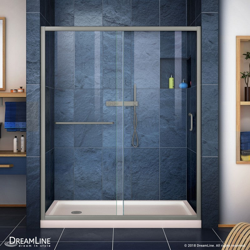 Infinity-Z Semi-Frameless Single Sliding Shower Door Kit with Biscuit Shower Base Pan and Left Drain