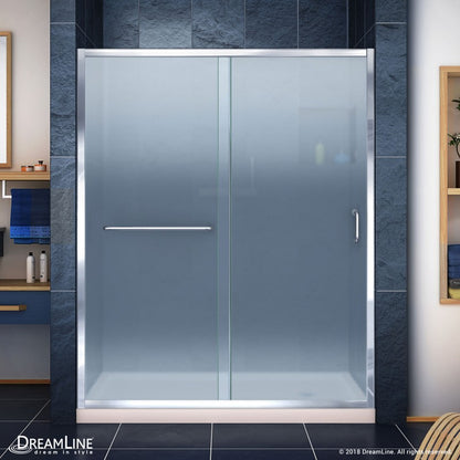 Infinity-Z Semi-Frameless Single Sliding Shower Door Kit with Biscuit Shower Base Pan and Right Drain