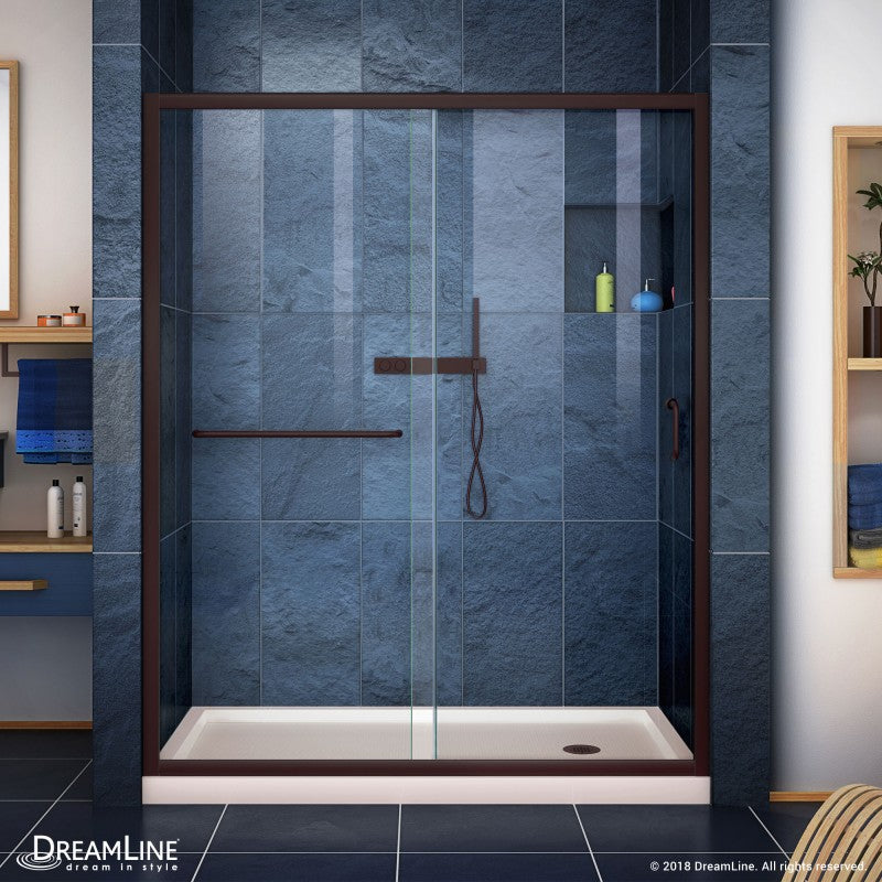 Infinity-Z Semi-Frameless Single Sliding Shower Door Kit with Biscuit Shower Base Pan and Right Drain