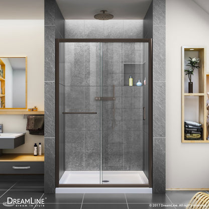 Infinity-Z Semi-Frameless Single Sliding Shower Door Kit with White Shower Base Pan and Center Drain