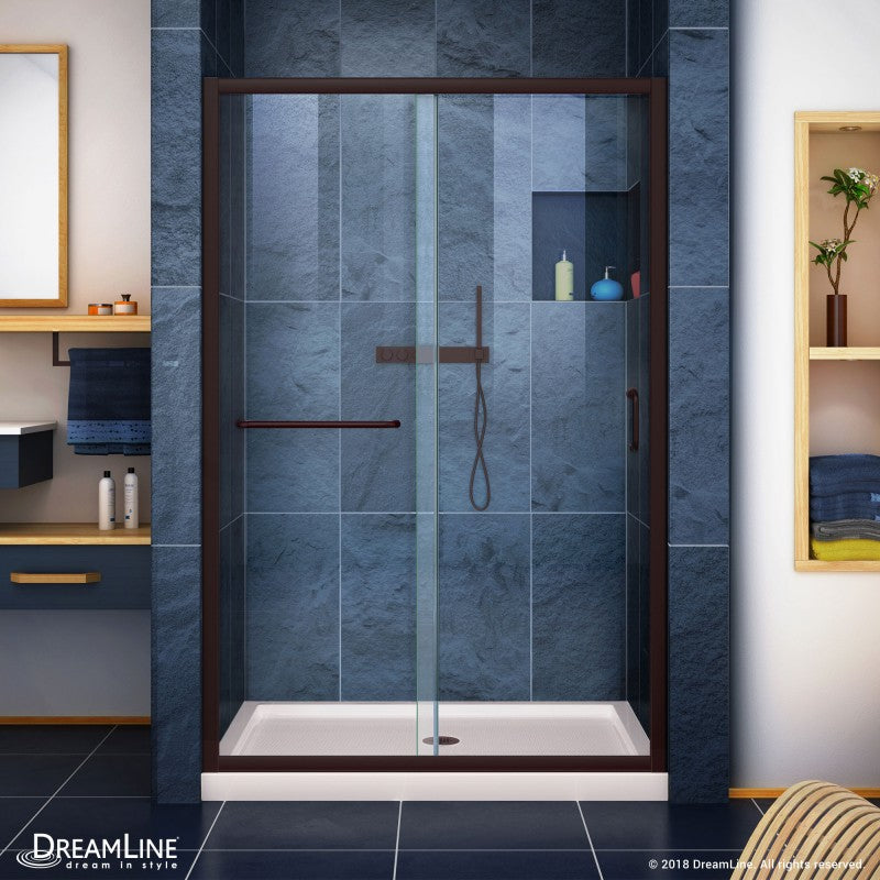 Infinity-Z Semi-Frameless Single Sliding Shower Door Kit with Biscuit Shower Base Pan and Center Drain