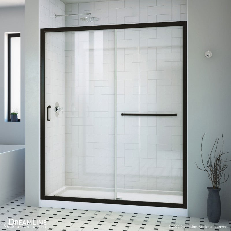 Infinity-Z Semi-Frameless Single Sliding Shower Door Kit with White Shower Base Pan and Center Drain