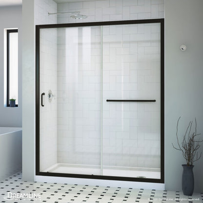 Infinity-Z Semi-Frameless Single Sliding Shower Door Kit with White Shower Base Pan and Right Drain