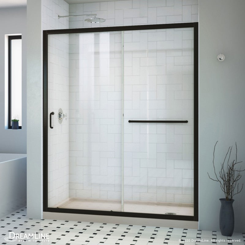 Infinity-Z Semi-Frameless Single Sliding Shower Door Kit with Biscuit Shower Base Pan and Right Drain