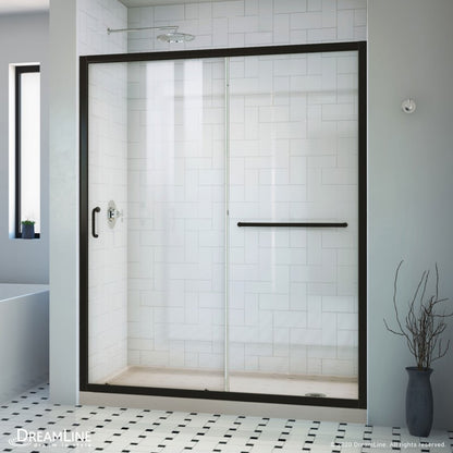 Infinity-Z Semi-Frameless Single Sliding Shower Door Kit with Biscuit Shower Base Pan and Right Drain
