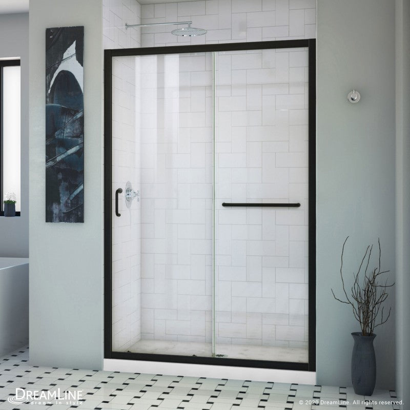 Infinity-Z Semi-Frameless Single Sliding Shower Door Kit with White Shower Base Pan and Center Drain